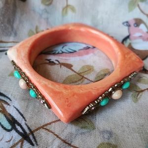 Square Marbled Coral Color Lucite Faux Turquoise Adorned Bracelet Vintage Bangle